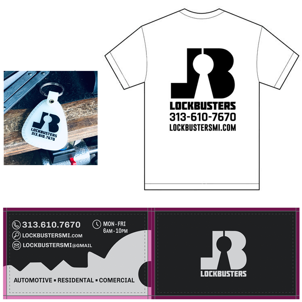 Lockbusters logo and branding set including logo design, T-shirt, keychain and business cards created by Tori Hart. The logo design is a bold backwards 'L' next to a 'B' with a keyhole in the center of where the letters meet.