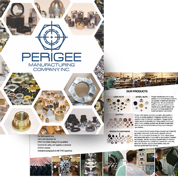 Perigee Manufacturing brochure design created by Tori Hart. Glossy high-quality brochure front cover features hexagonal collage of vibrant photos of specialty manufactured fasteners and nuts. Inner brochure page is shown with asymetrical design and more photos and details of Perigee Manufacturing.